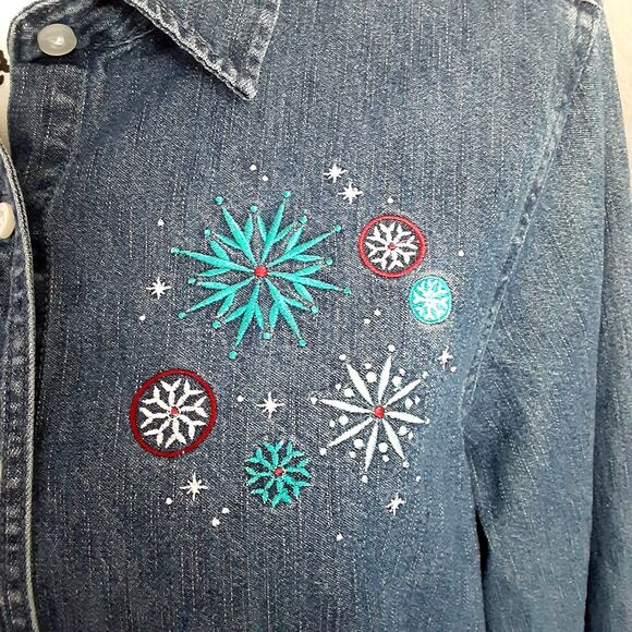 Vintage Disney Tinkerbell Christmas Embroidered Chambray Shirt Denim Button Up M - Picture 4 of 9